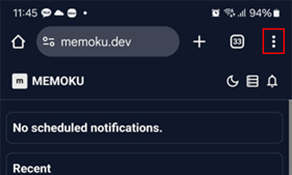 Open MEMOKU in the Chrome browser and tap the more options icon.